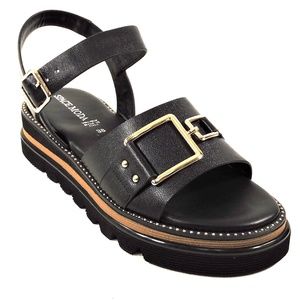 SPACE MODA PHIL GATIÈR BY REPO 🇮🇹 WOMEN'S BLACK LEATHER FLATS SANDALS